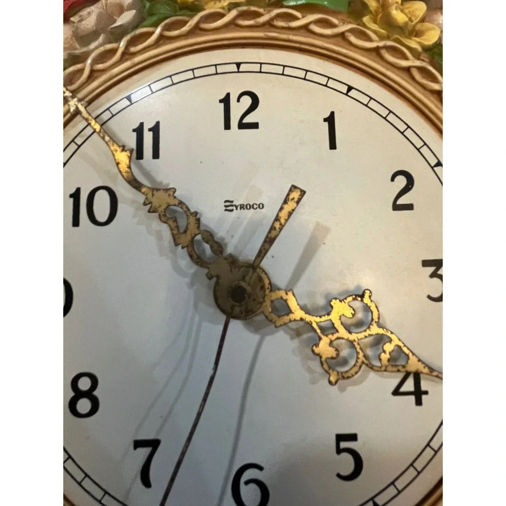 Syroco Wall Clock Floral Vintage Hanging basket Decor Made in USA 1970s 16